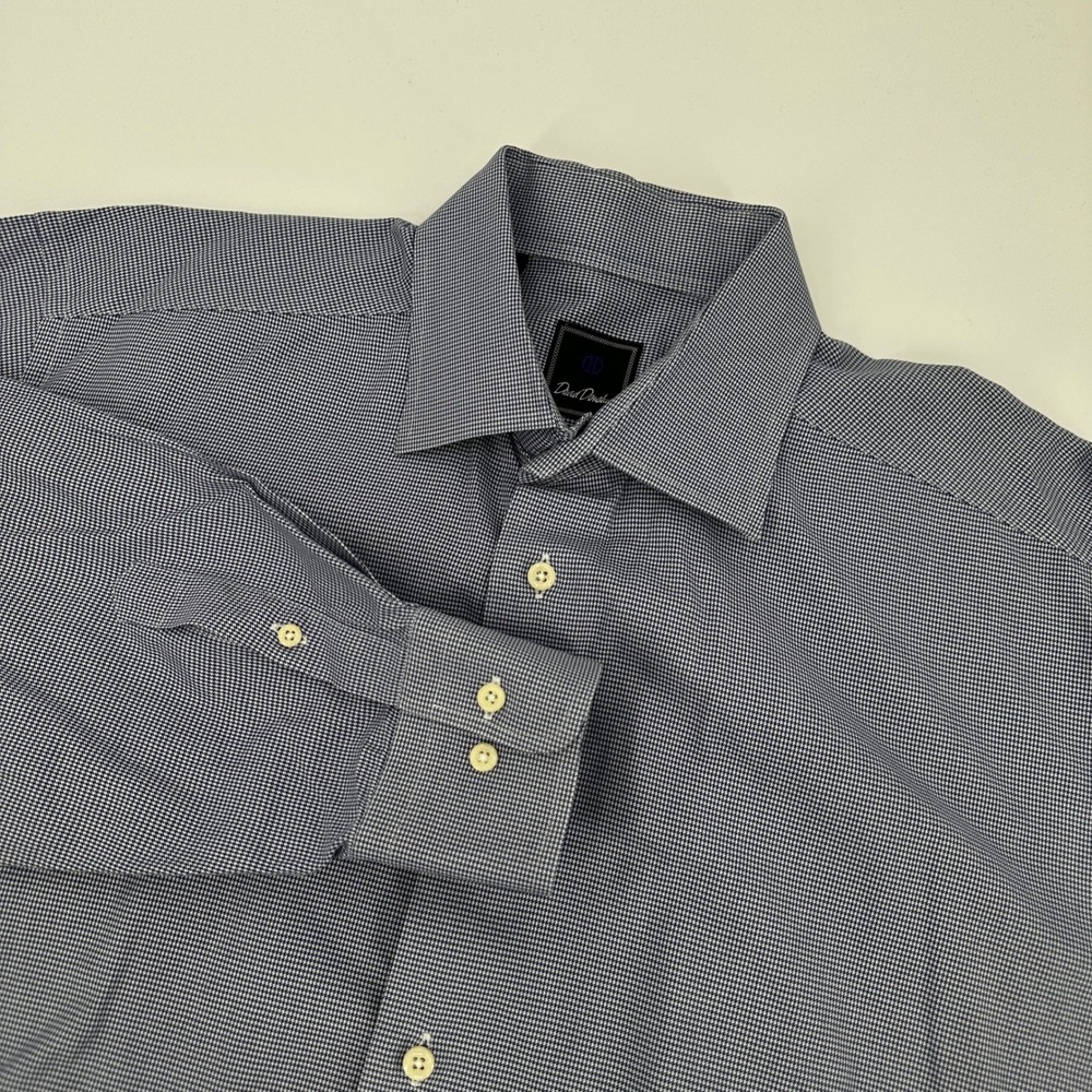 David Donahue Mens Blue White Micro Houndstooth Dress‎ Shirt 17 34/35 Luxury